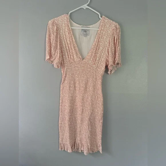 AREA pink Cream smocked Floral Mini Dress puff sleeves Rent the Runway Small - Picture 5 of 7